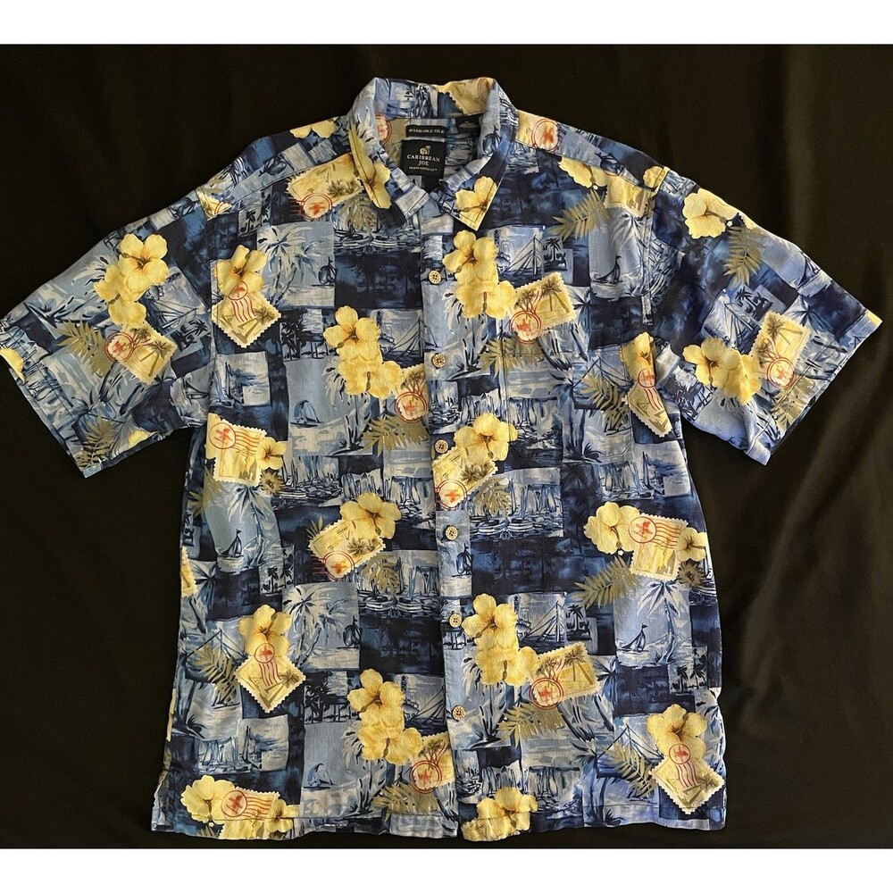 Caribbean Joe Washable Silk Blue Floral Hawaiian Button Up Men’s Size XL